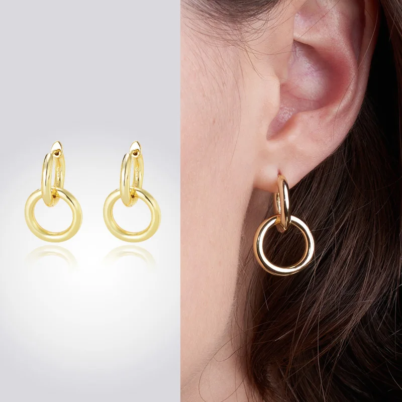 Simple Tarnish Free Minimalist Plain Double Circle Brass 18k Gold Plated Hoops Huggies  Pendant Earrings for Women Girls