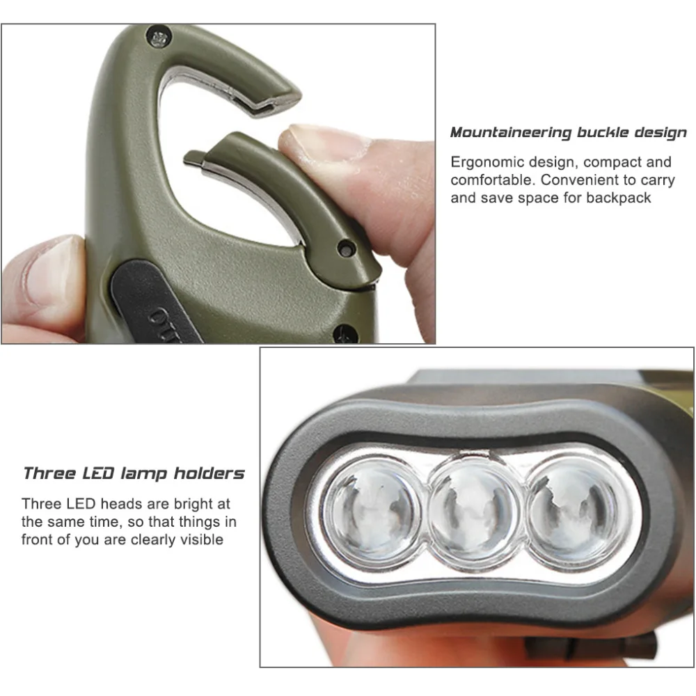 Hand Crank Solar Dynamo Flashlight Rechargeable Output Emergency LED Mini Keychain Snap Clip Backpack Flashlight Outdoor Camping supplier