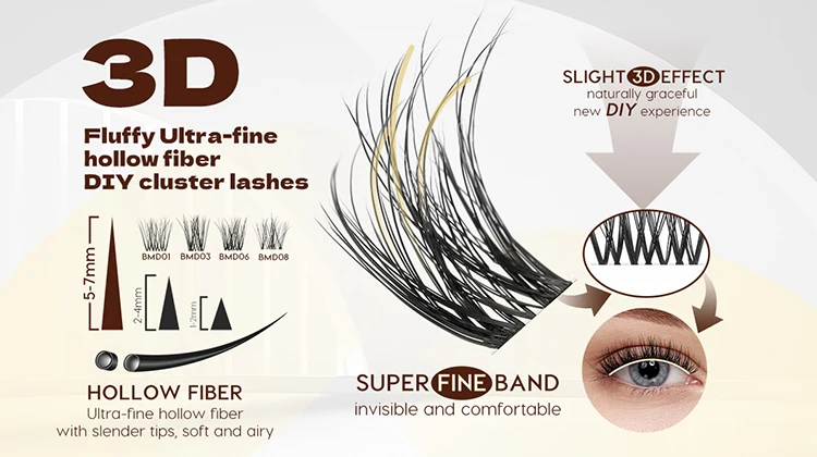 Private Label Individual Cluster Lashes Natural 60% Lighter Clear Band ...