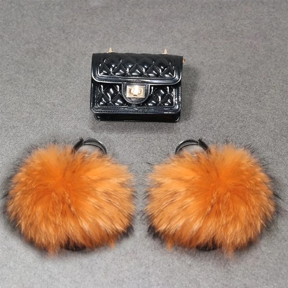 Красочные модные детские тапочки из натурального Лисьего меха, Набор сумок из желе и меха енота, кошельки, сумочки, детские меховые сланцы, оптовая продажа