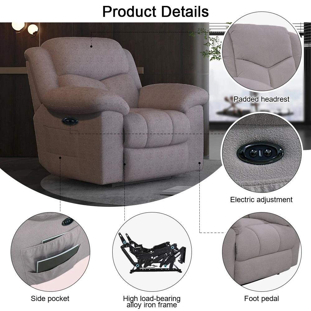 Factory Directly Hot Selling on Line Grey Teddy Fabric Swivel Power Electric Recliner Sofa Chairs for Amazon