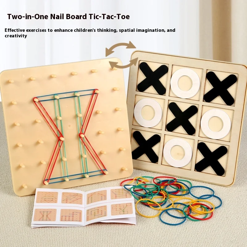 Montessori Toy 2 in 1 Rubber Band Nail Board Tic-Tac-Toe Brain Teaser Puzzle Game Wooden STEM Education Toy for Kids