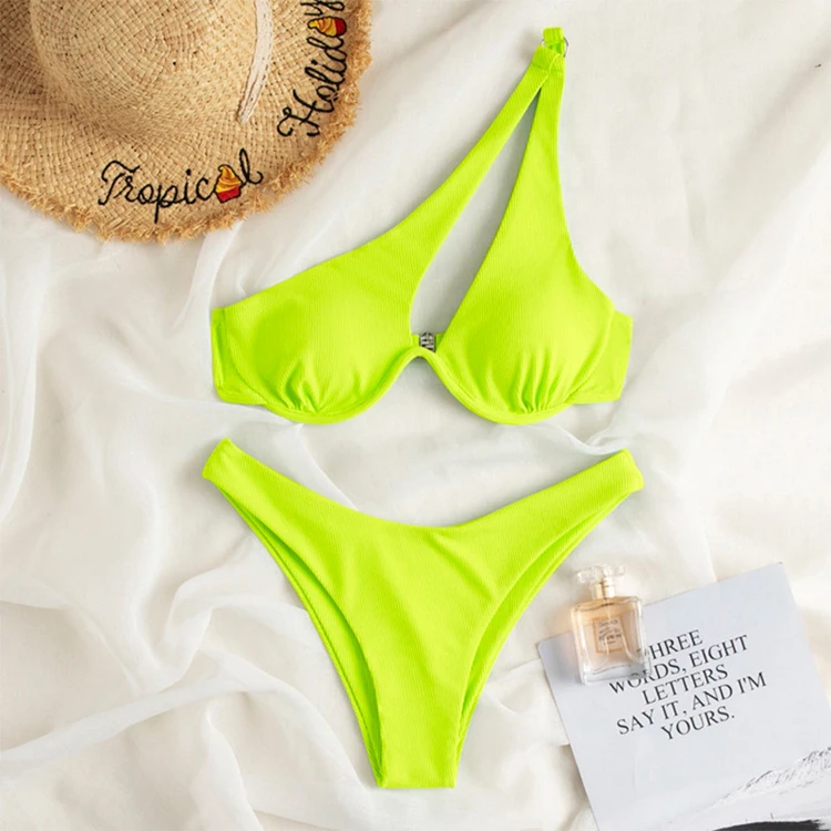 Multicolor Optional Sexy Triangle Ladies Two Piece Swimsuit Solid Color One Shoulder Underwire Bikini Wholesale