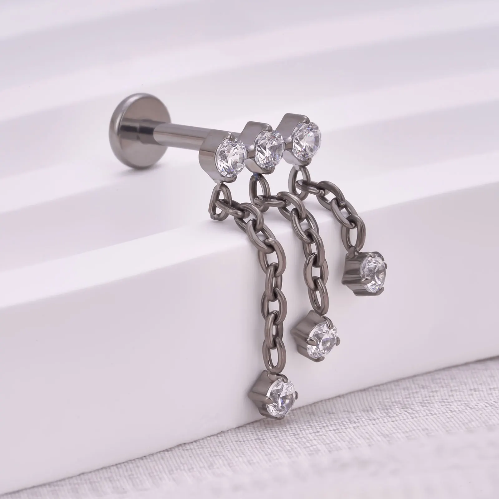 ASTM F136 Titanium Chain and Hinged Earring Zircon Inlay Ear Studs Labret Sling Originality Punk Body Piercing Jewelry