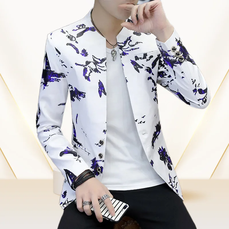 Men Printed Three Button Round Neck Small Suit High Quality Dress