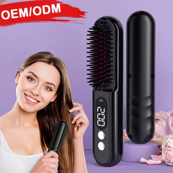 Portable anion Usb charging cordless electric Mini hair straightener comb with LED screen hair straightener brush