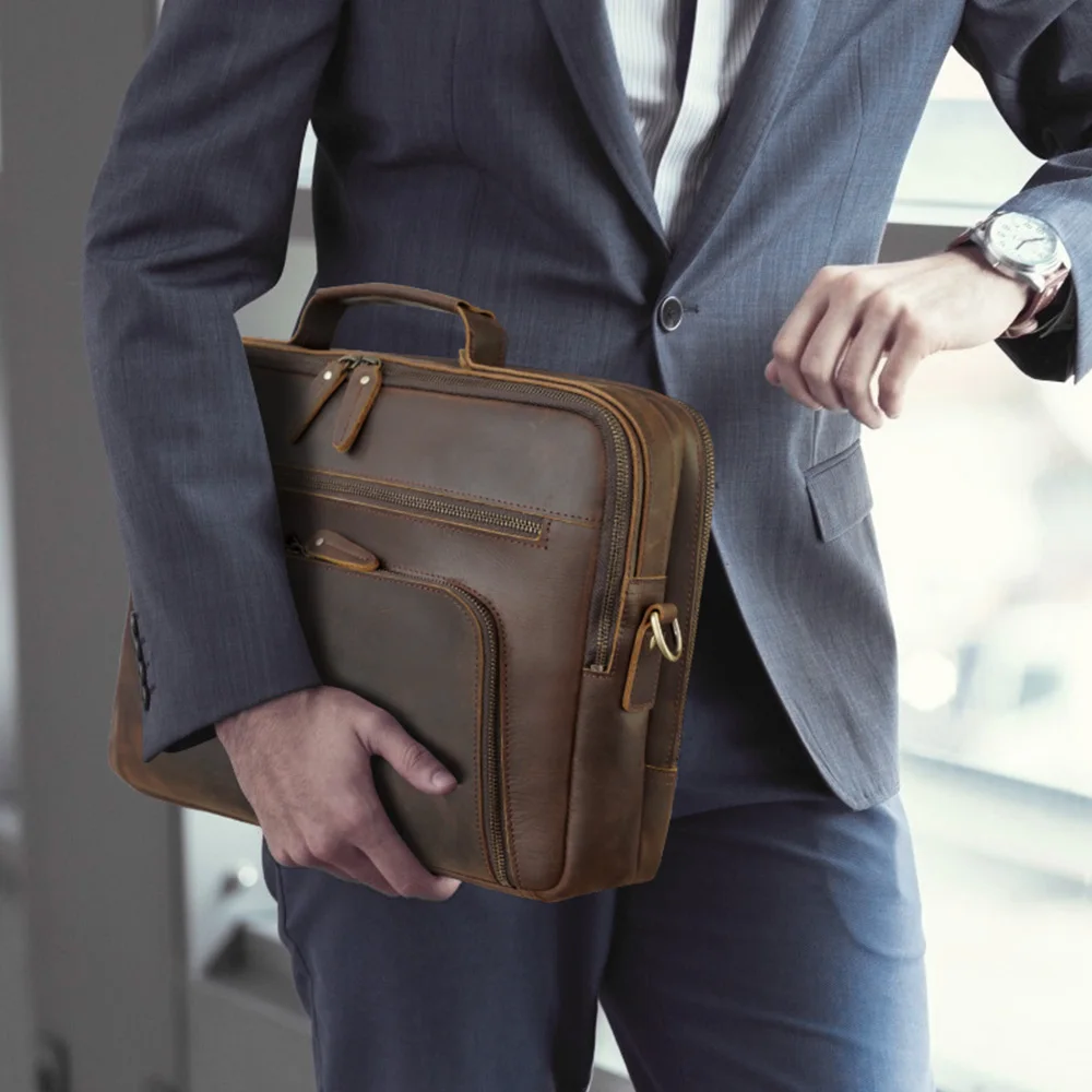 Hot Sale Custom Logo Materia Real Full Grain Leather 15 Inch Laptop Briefcase Office Bag Crazy Horse Genuine Leather Briefcase