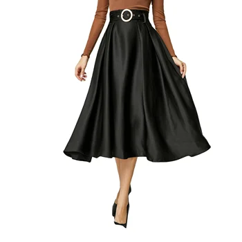 Wholesale Women's High Waist Ladies Mid-length A-line Skirt Big Swirl Satin Skirt with Belt