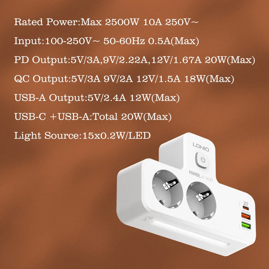 LDNIO LDNIO SE2337 Universal Outlets Power Strip Tower 2 Outlet Wall Electric Plug PD 20W USB Power Cube Power Socket