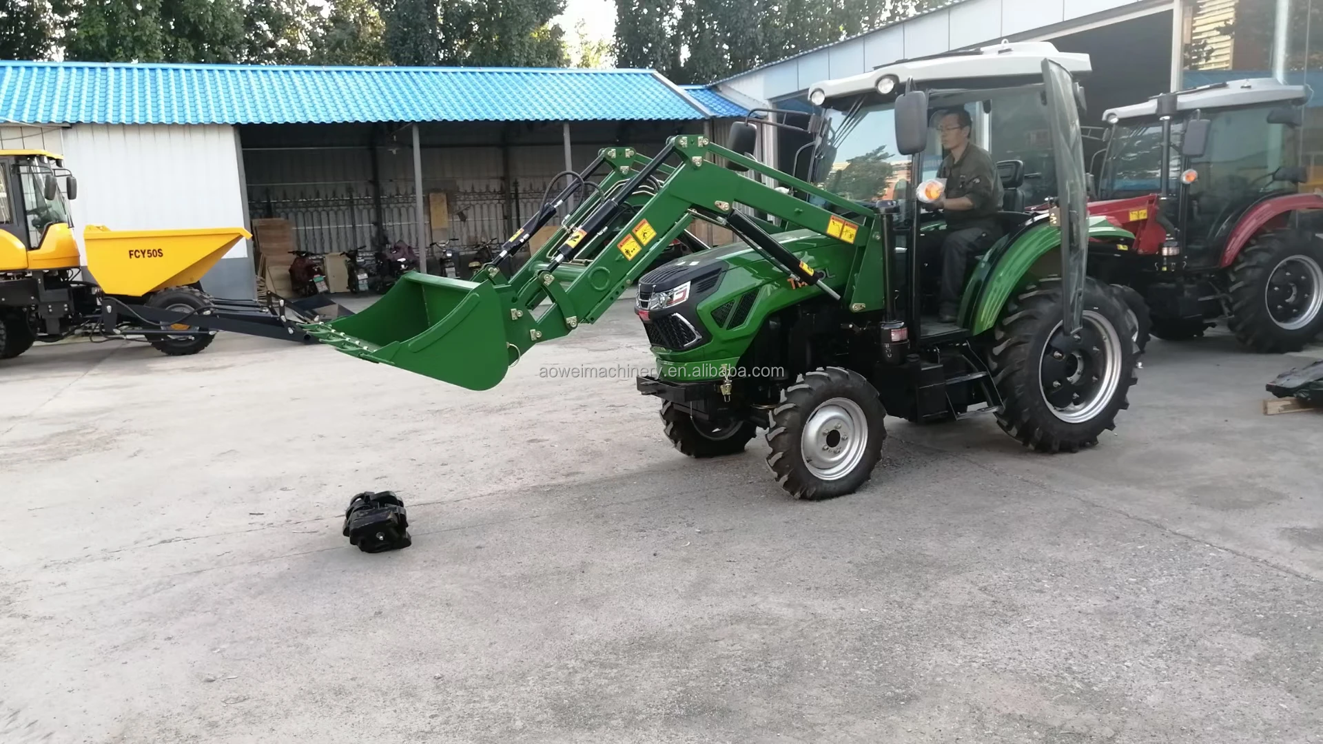 Mini Tractor with Front End Loader and Backhoe Remote Control Electric Robot Riding on Lawn Mower Tractor