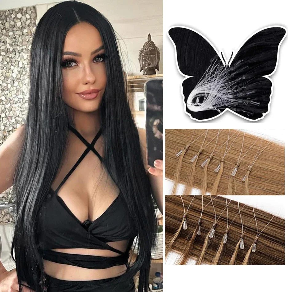 Micro Loop Echthaar-Extensions, Micro Ring Fish Line Link Haarverlängerungen, Kaltfusion Remy-Haar für Frauen, Farbe Nr. 1B, 16-26 Zoll_voghion.com
