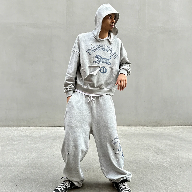 Manufacturer Y2K Men Casual Tracksuit Distressed Hoodie Baggy Wide Leg Sweatpants Boxy Heavy Cotton Fleece Streetwear Wash OEM gallery 8