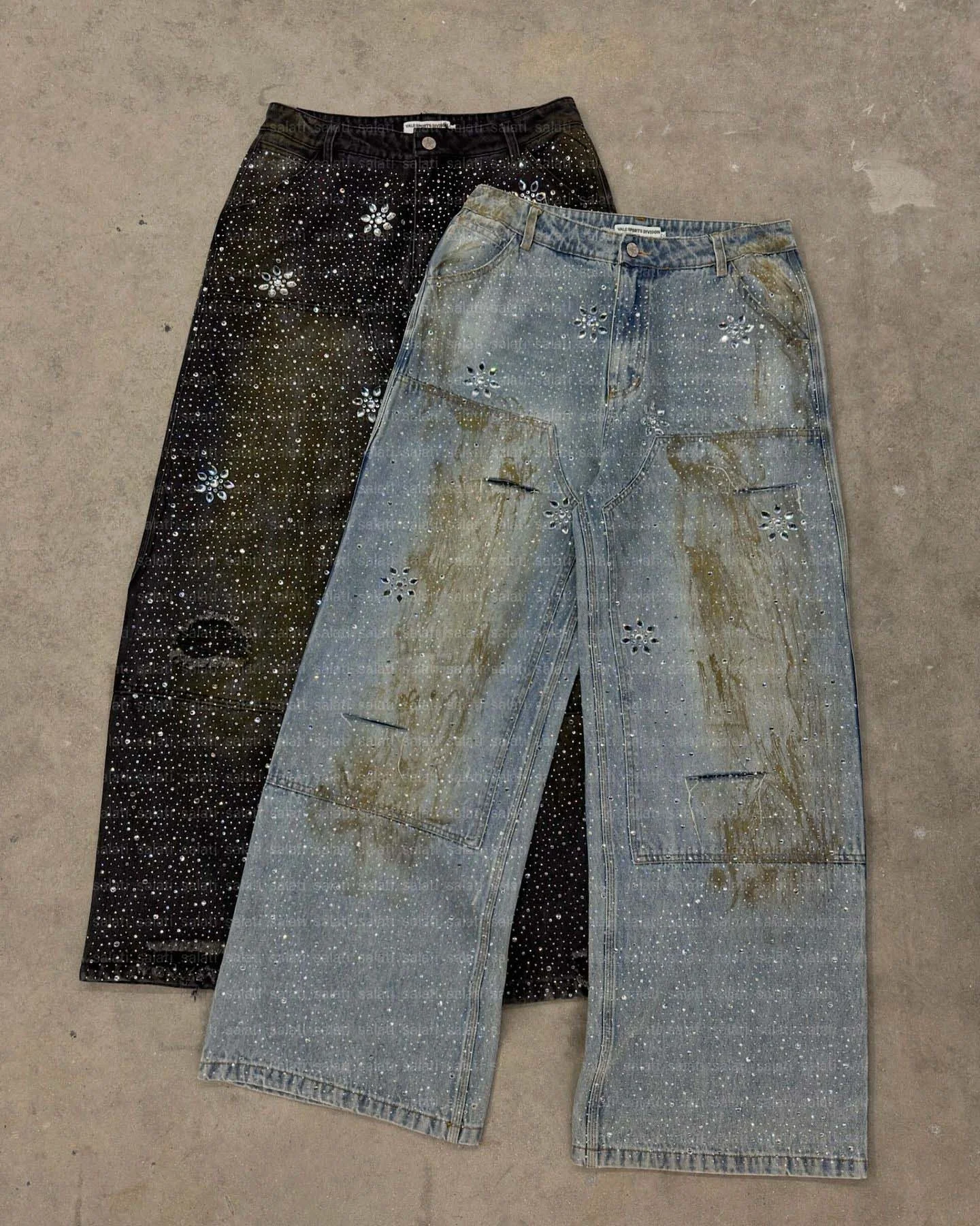 For Custom Glitter Oversized Mud Wash Cotton Vintage Distressed Rhinestone Straight Button High Waist Denim Jeans Men