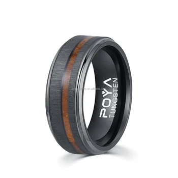 Poya Ready to Ship 8mm Whiskey Barrel Wood Inlay Black Tungsten Ring Matte Brushed Fished Vintage Wedding Band for Men