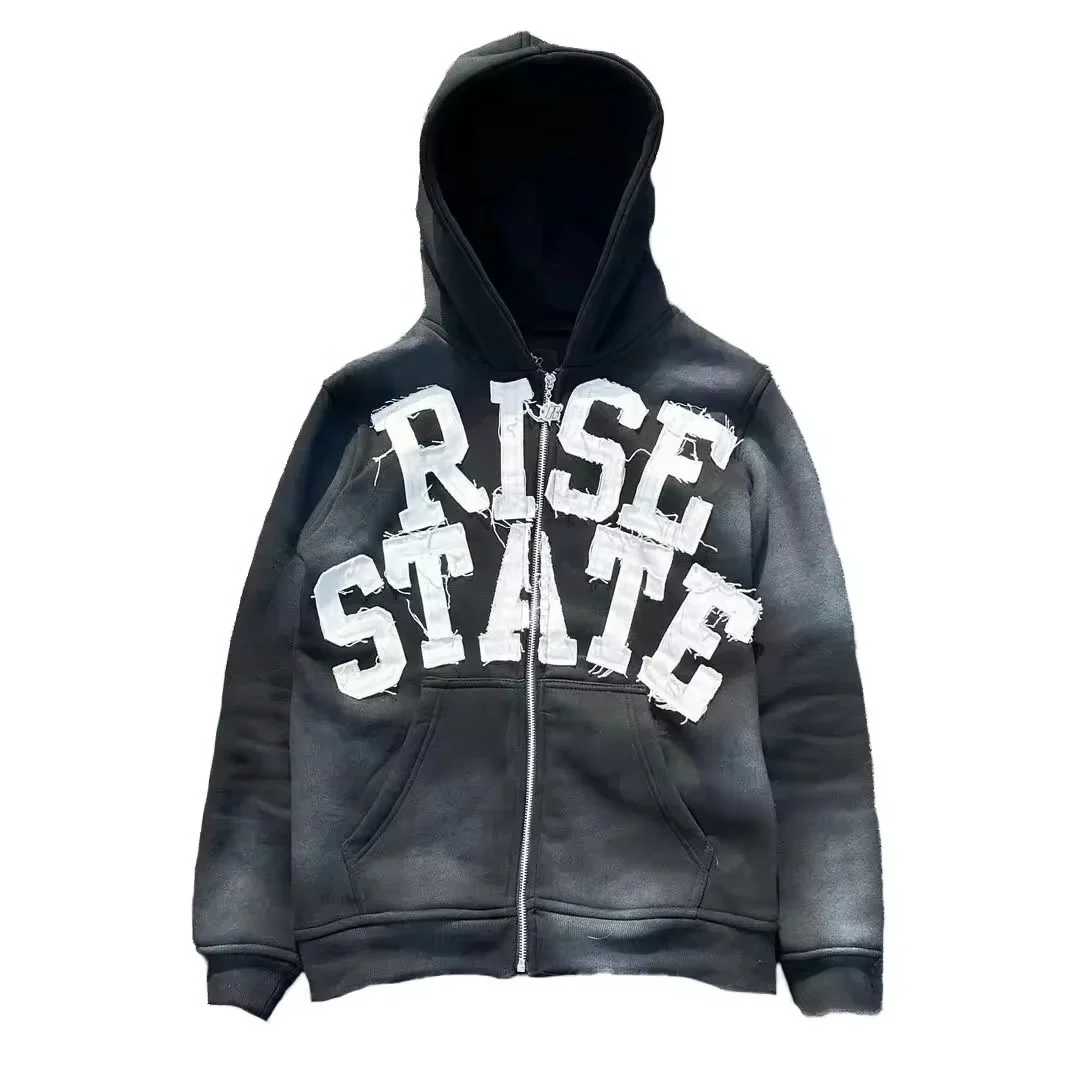 Rainbow Spray Custom LOGO Patch Embroidery Faded French Terry Distressed Embroidered Zip up Acid Wash Hoodie