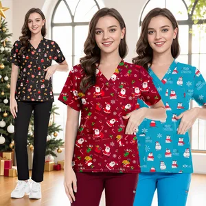 Christmas Halloween Printed Cartoon Stretchy Custom Hand Washing Doctor Nurse Surgical Scrub Uniform Medical Hospital Use Scrubs