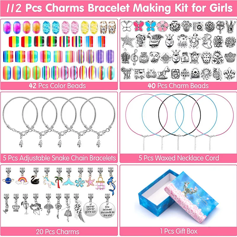 112pcs/set Charm Bracelet Making Set Girls Jewellery Making Kits Nice Gifts  Present DIY Snake Chain Bracelet Gift Box Cute Kids