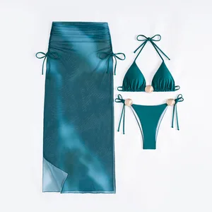 STOCK Print Women 3Pieces Swimwear Ties Details Brazilian Bikini and Skirt Set Shell Swimsuit Beach CoverUp S-XL