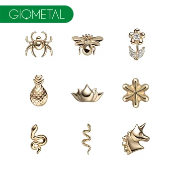 Giometal Luxury  14K Gold Piercing Jewelry 25g Press Fit Spider Unicorn Snake Flower Threadless Ends Piercing Jewelry Factory