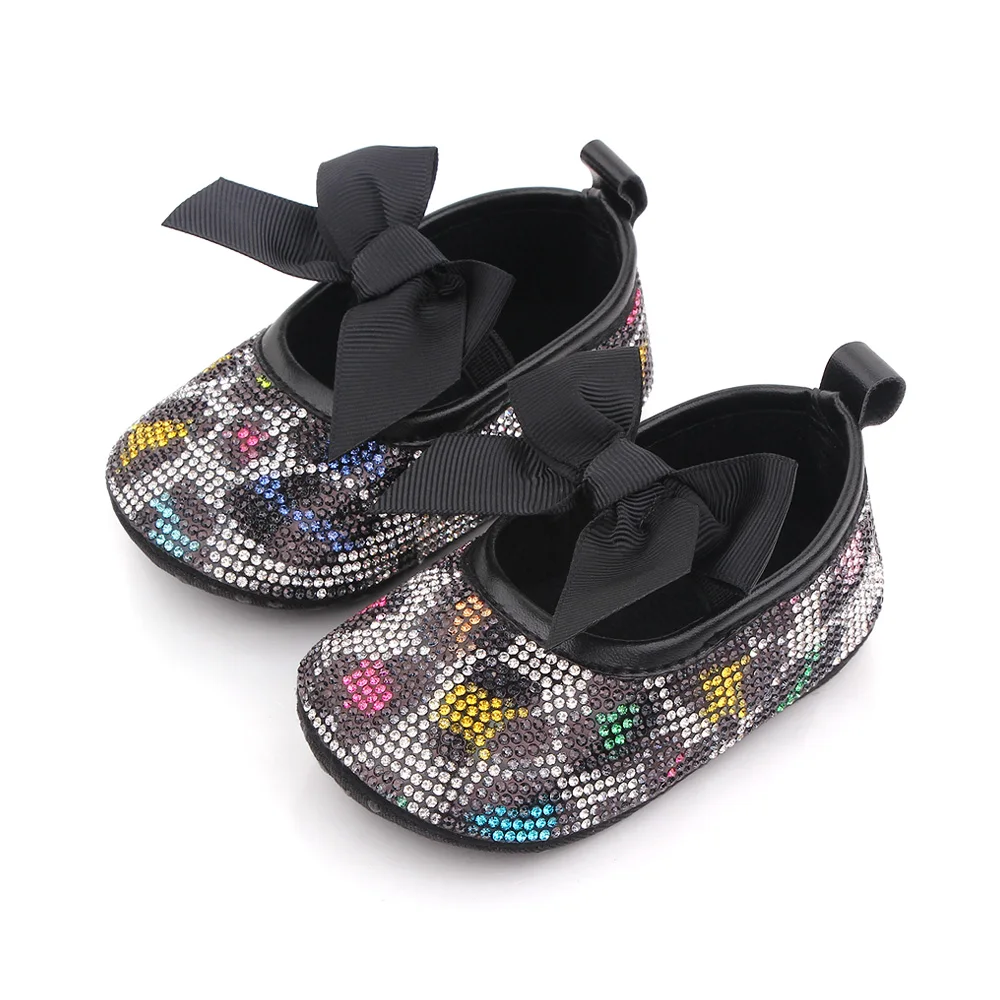 Baby Girls Solid Color Big Bow Rhinestone Pattern Infants Soft Soled Princess Walking Shoes factory