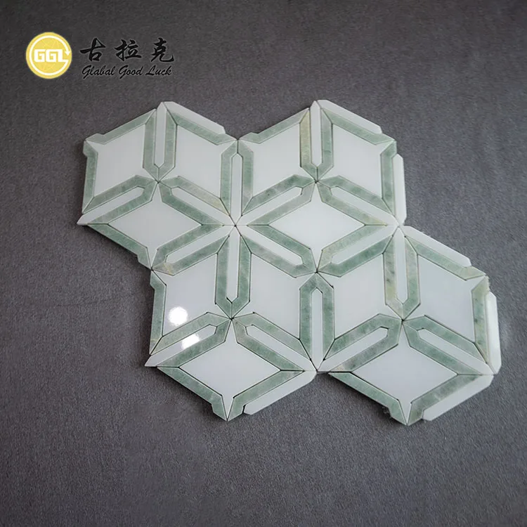 New Design Water Jet White Marble Mosaic Tile Green Stone Edge Mosaic Tile for Interior Decor