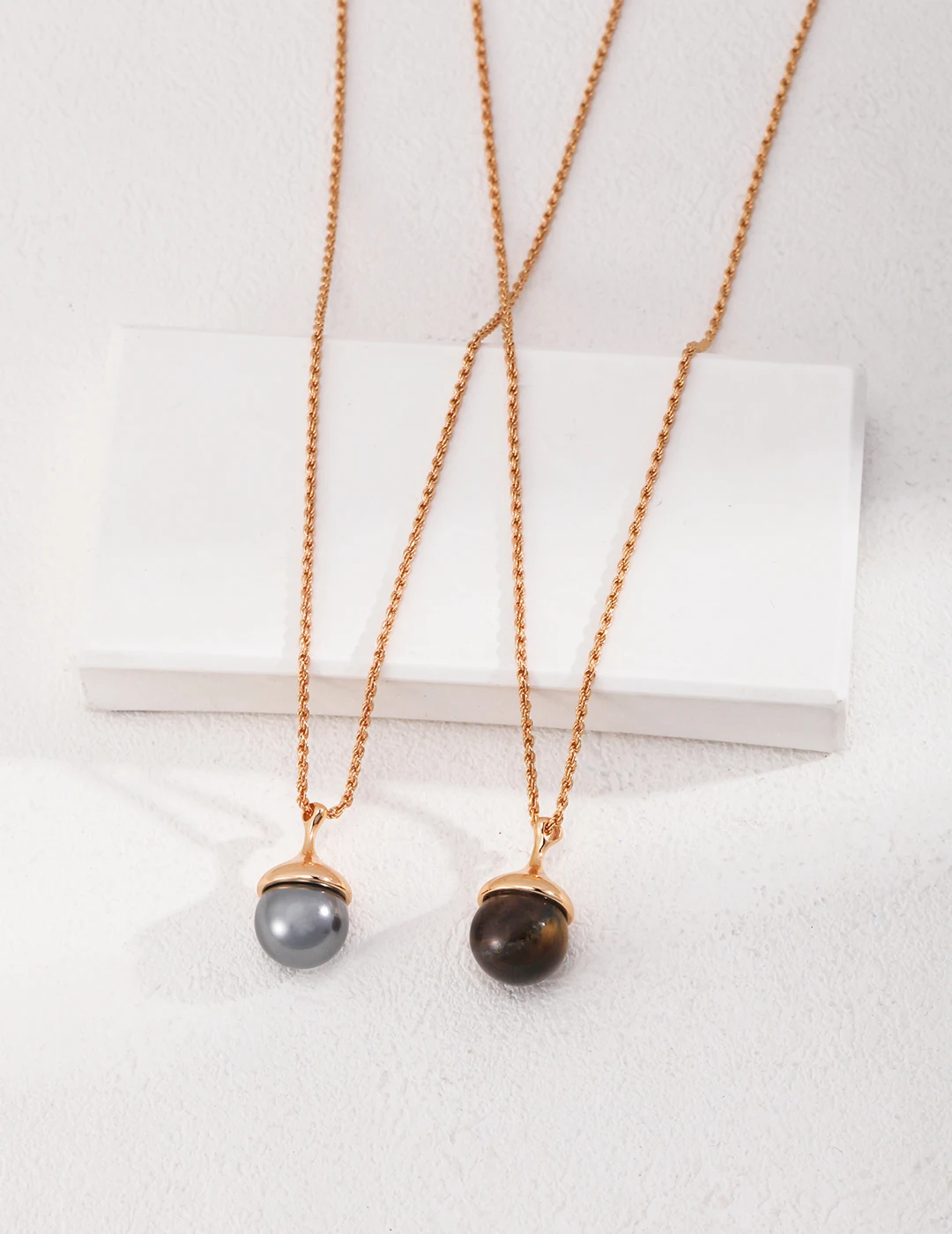 S925 Sterling Silver Acorn-Shaped NecklaceTiger Eye Stone Gray Shell Pearl Pendant Fresh Casual Layering Piece