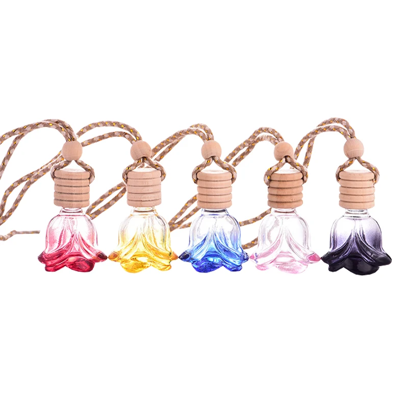 Hot Sale 8ML Rose Shape Glass Bottle Wooden Lid String Tied Nice Car Pendant Hanging Perfume