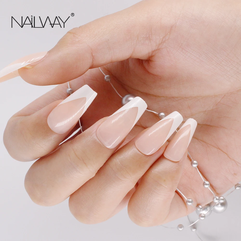Artificial French Nails White V Shape Long Coffin Fale Nails Long Press on Nails Ballerina-Fake-24pcs Nude-Faux-Ongles