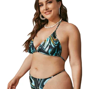 Large Size Women's Three-Piece Gradient Bikini Water Ripple Sexy Swimsuit with Animal and Striped Pattern Split Design