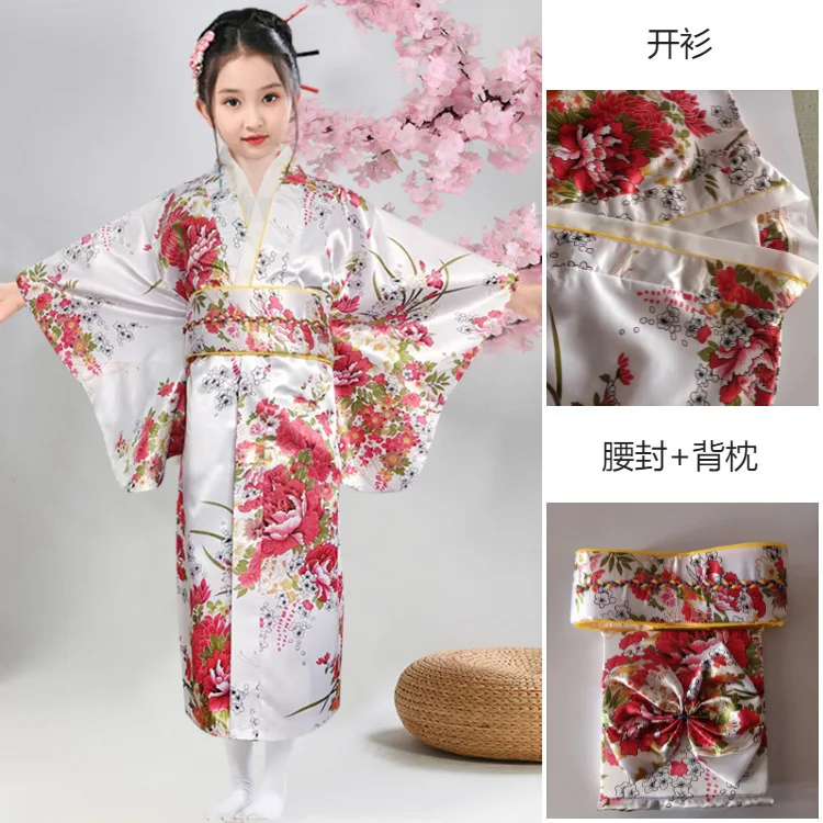 Kimono Japonais Enfant Fille – Style Traditionnel, Satin, Motifs Fleurs, Ceinture Obi – Cosplay, Festival, Photo