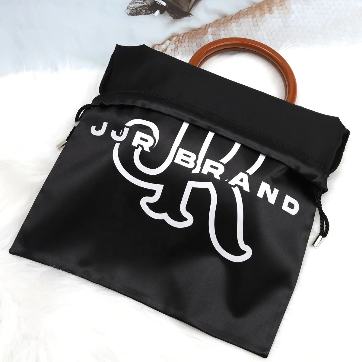 Custom Logo Printing Large Black Silk Drawstring Dust Shoe Bag Hair Extension Wig Underwear Hat Packing Clothes Soft Satin Pouch