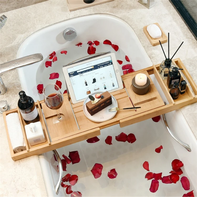 Bamboo Expandable Bathtub Caddy Tray For Bath Tub Wooden Adjustable For