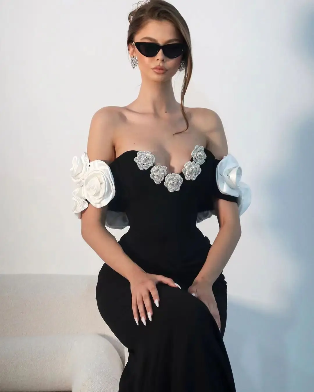 SB2931 Kimshein Bodycon Black Maxi Flower Dress - Luxury Bandage
