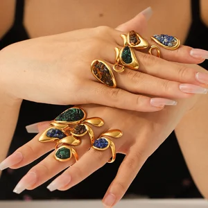MW 18K Gold PVD Plated Retro Vintage Natural Stone Opening Ring Waterproof Ring Jewelry Women Stainless Steel Rings Green