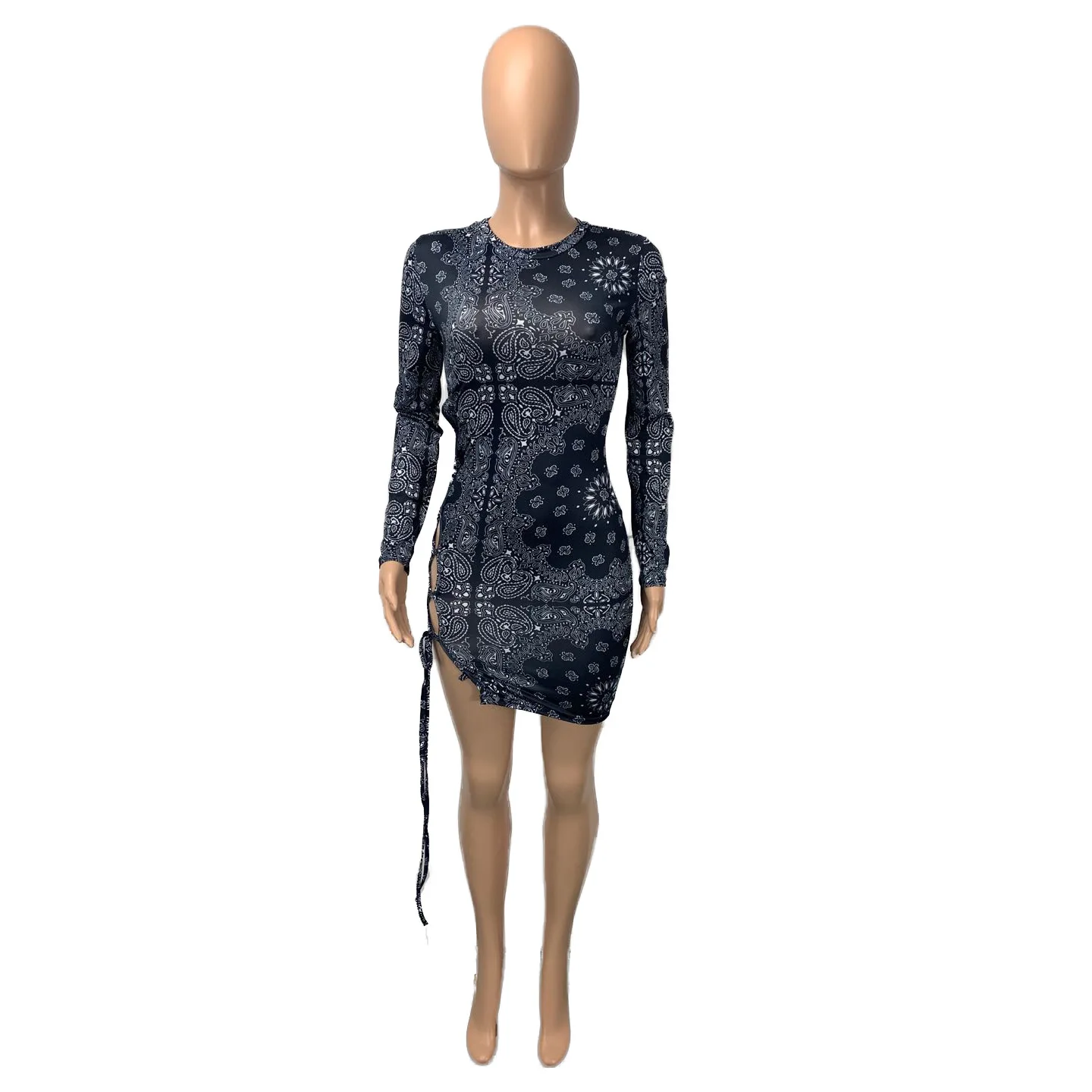 Платочным принтом сексуальная Bodycon платья для женщин Клубные Открытое платье с низким вырезом на спине шнуровке мини-юбкой и длинным рукавом