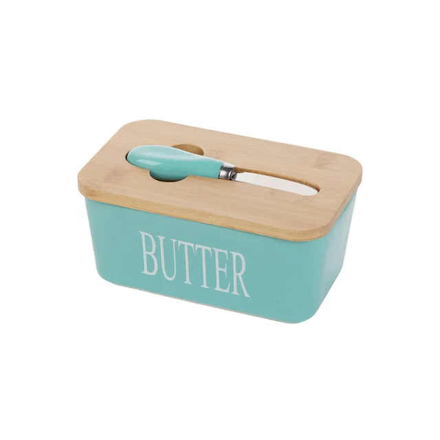 Custom LOW MOQ Nordic-Style Ceramic Butter Dish with Bamboo Lid and Knife Contemporary Kitchen Food Storage Butter Box