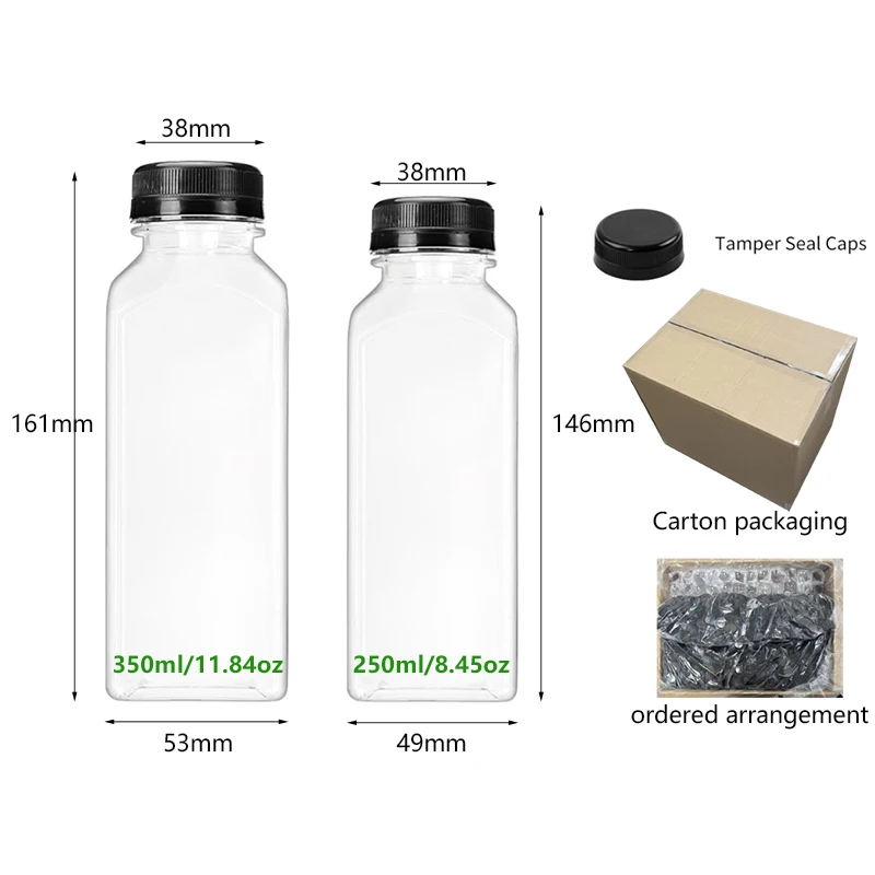 250ml 350ml 400ml 500ml Customized Labeling PET Juice Bottle Square Transparent PET Drinks Plastic Juice Bottle With Cap