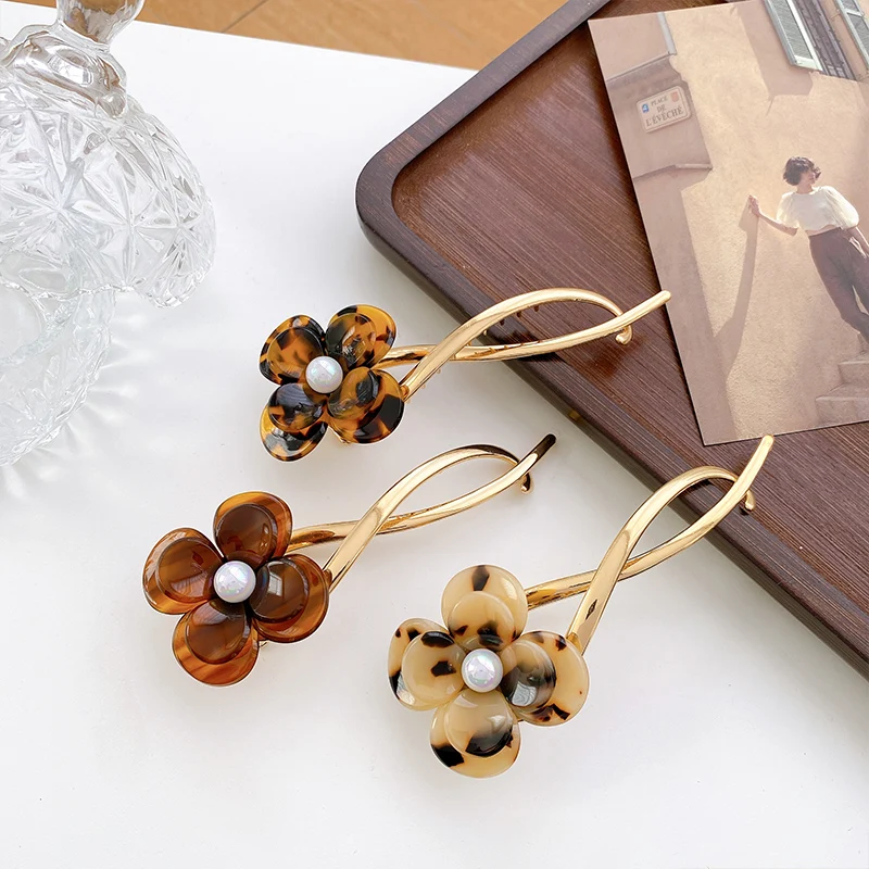 Модные корейские леопардовые вилки для волос Yucat аксессуары ацетатные жемчужные цветочные французские