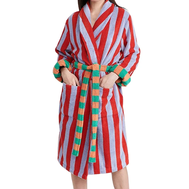 Comfortable Soft Men's and Women's Style Striped Nightgown Winter Velvet Robe