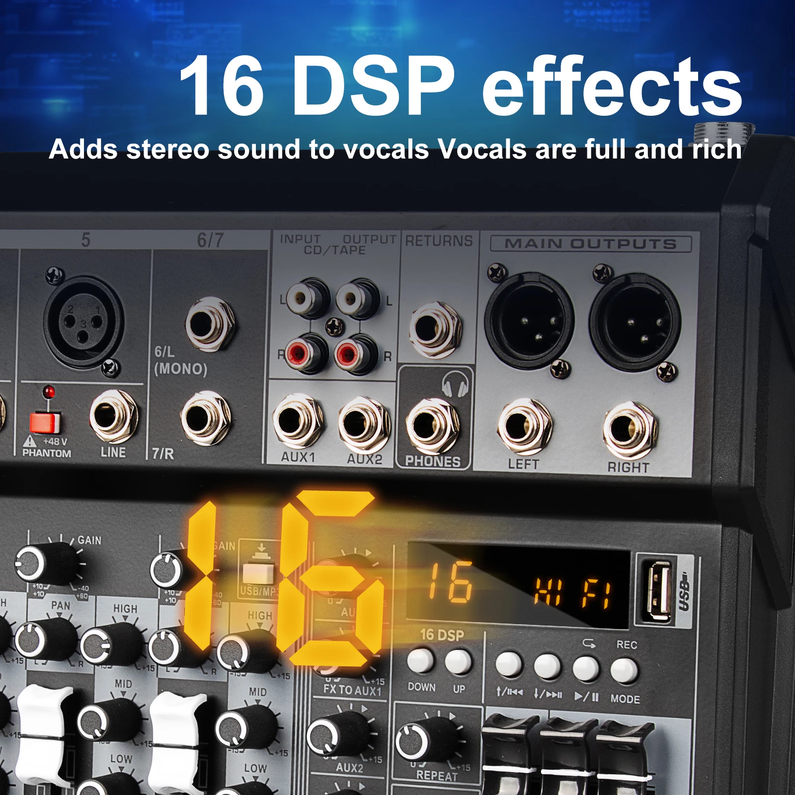 KA6 Digital Blue Tooth Professional Audio Mixer 7 Channels Audio Mixer Console 16 DPS Effects USB Audio Mixer 48v