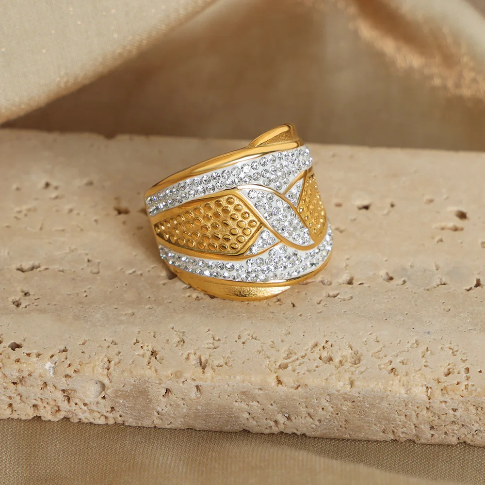 18k Gold Plated Stainless Steel Chunky Rings Non Tarnish Jewelry Cubic ...