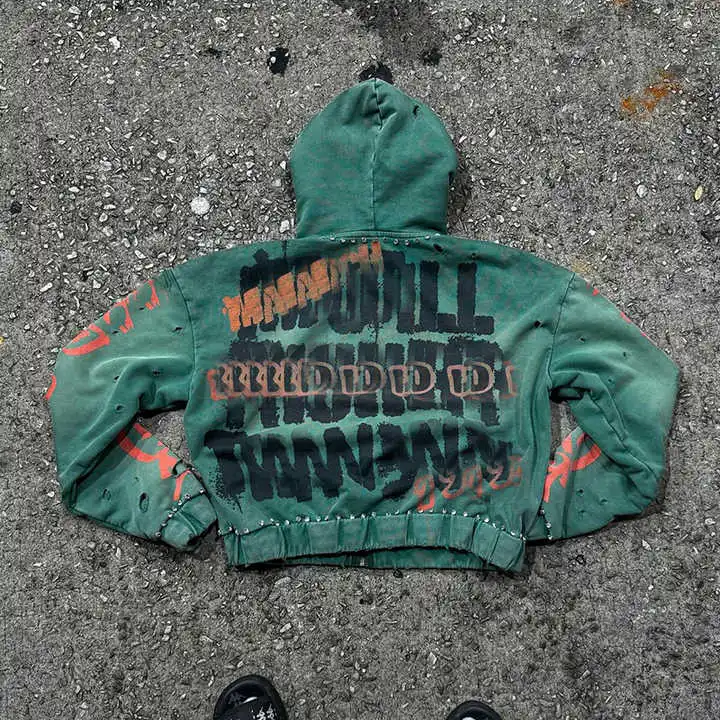 Manufacturer 500gsm Oversized Streetwear Hoodie Custom Acid Wash Print Rhinestone Heavyweight Cotton Zip Hoodie for Men gallery 3