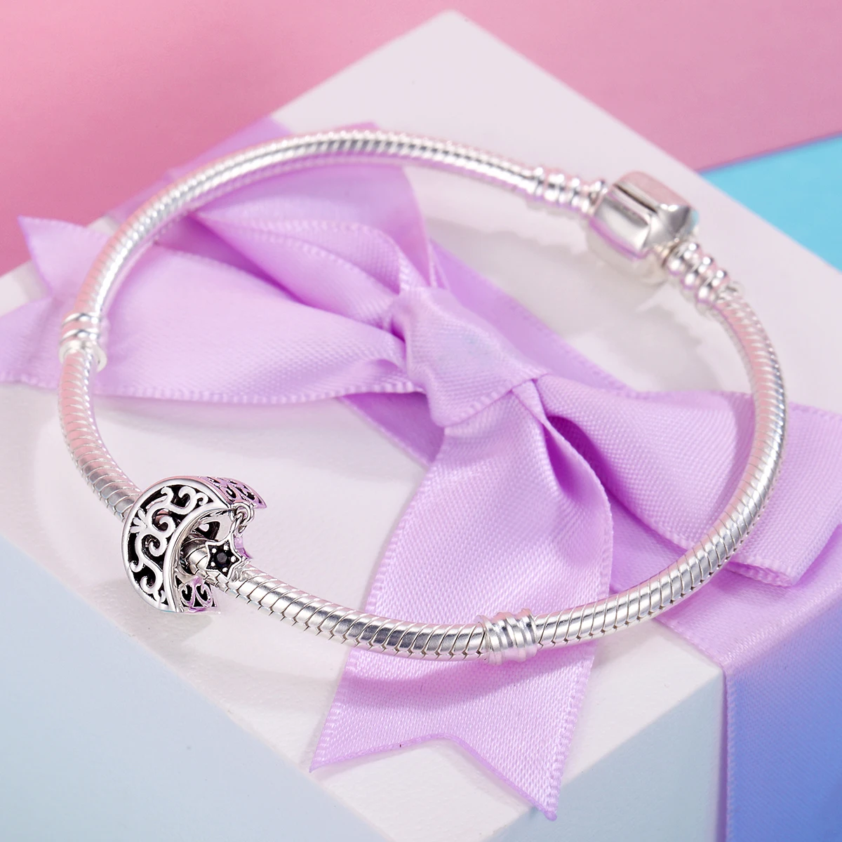 KINGWHYTE Bracciale con pietra di luna, in argento Sterling 925, con stella e luna, arcobaleno, regalo di compleanno, per donne e ragazze, Pietra di luna