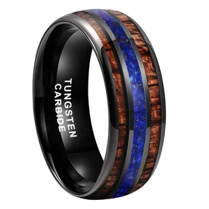Coolstyle Jewelry 8m Black Tungsten Ring for Men Women Fashion Engagement Wedding Band Lapis Koa Wood Inlay Domed Comfort Fit
