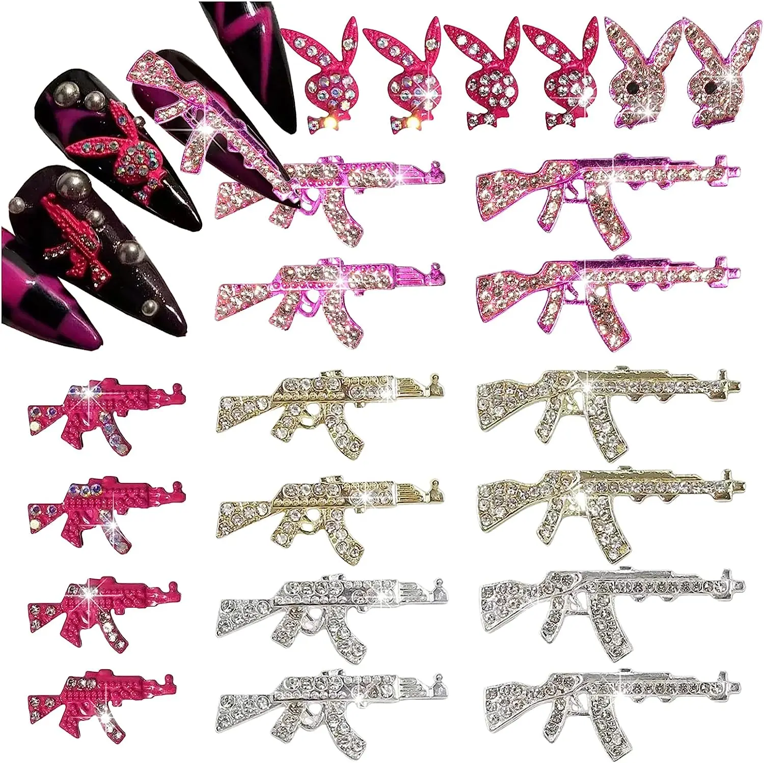  Shiny Diamonds Alloy Gun Nail Charms,3D Metal Gun Nail