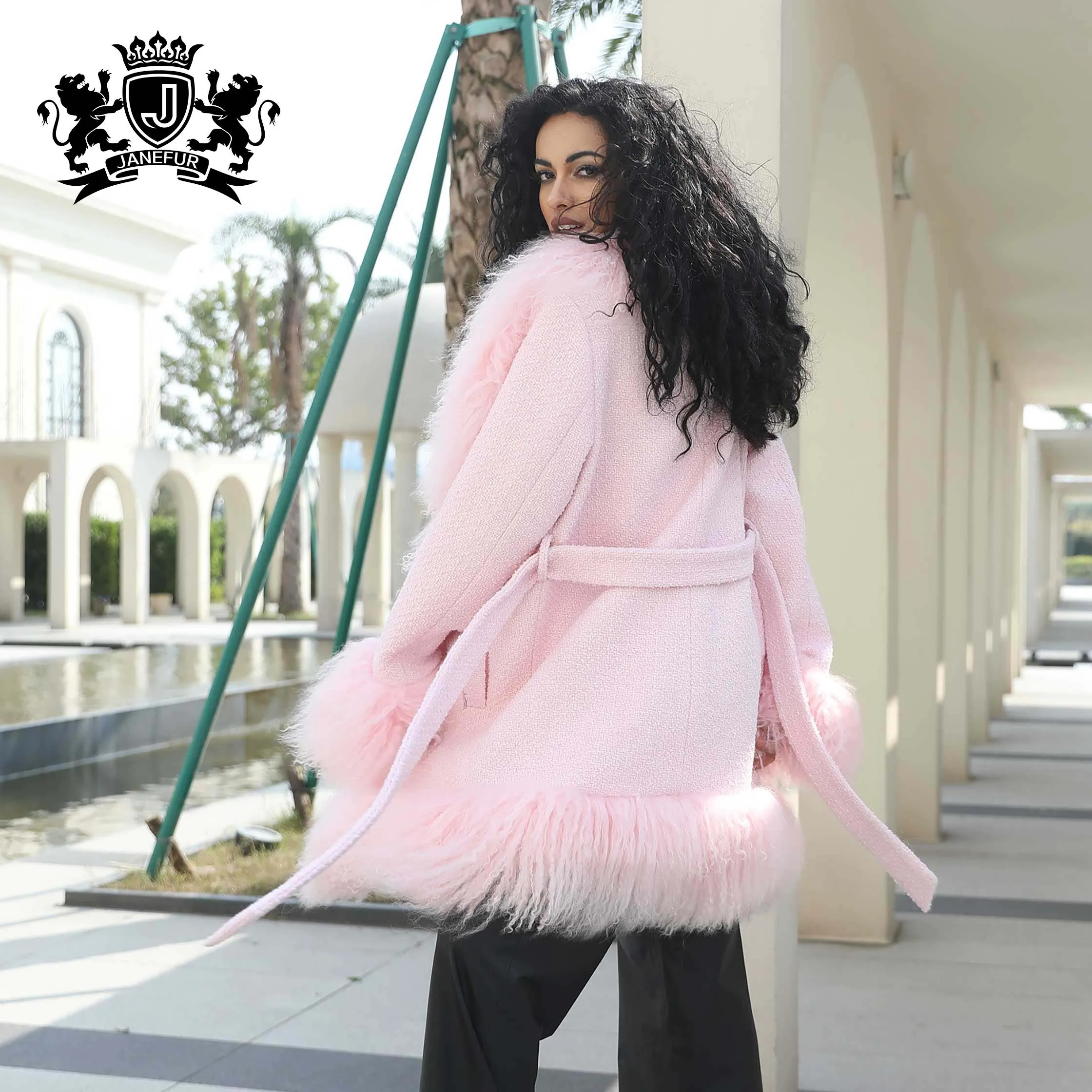 新品未使用　Leur Getter　ファーポンポンコート　モーヴピンク　ウール ファーのポンポンがポイント♪リアルラクーンファー中綿ダウンロング