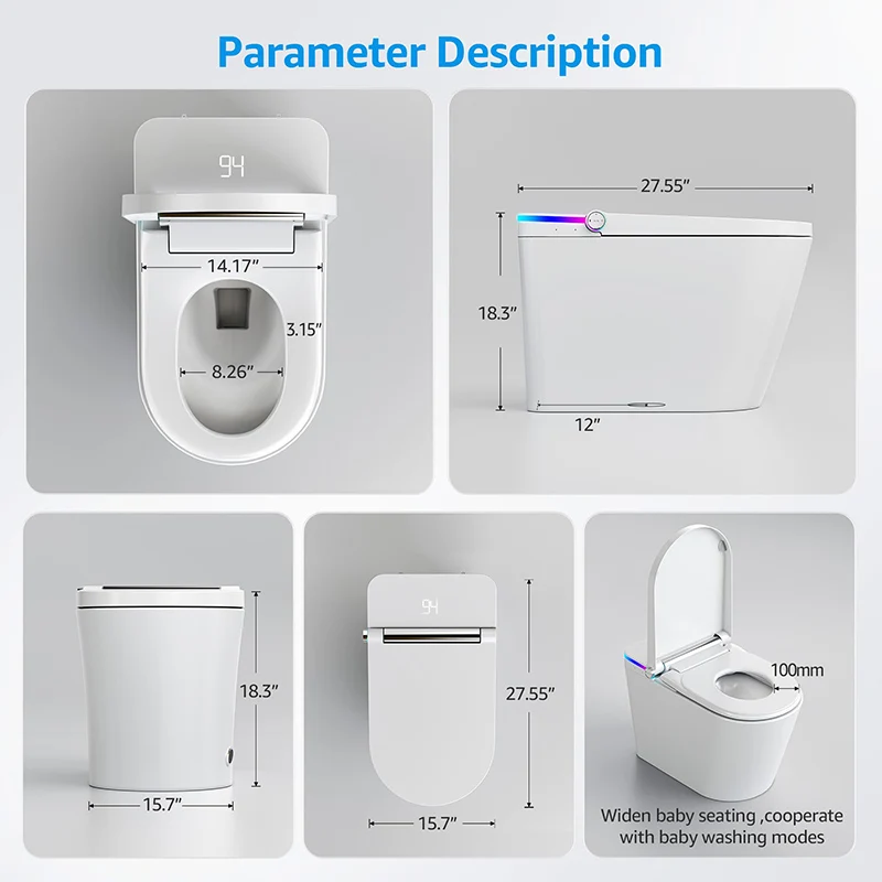 Siège De Toilette Intelligent DELICOZE - Bidet électrique Avec Siège Chauffant Et Eau Chaude Illimitée - Noir, Format Allongé