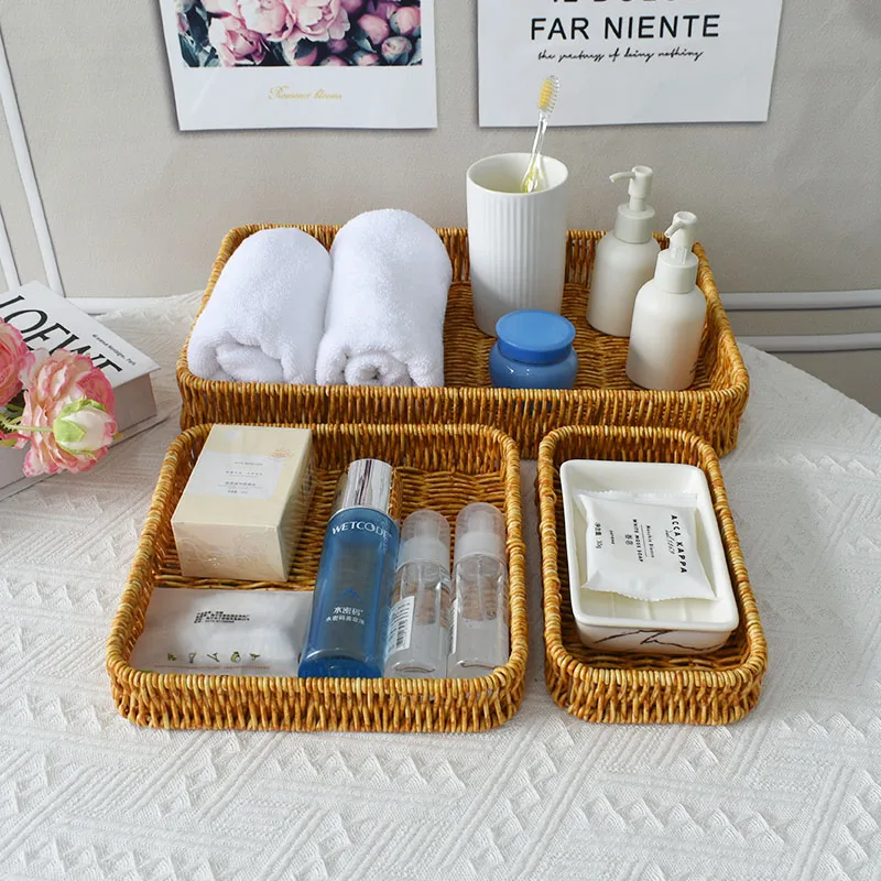 Yellow pp Rattan Rectangular Hotel Bathroom Storage Basket Set Towel ...