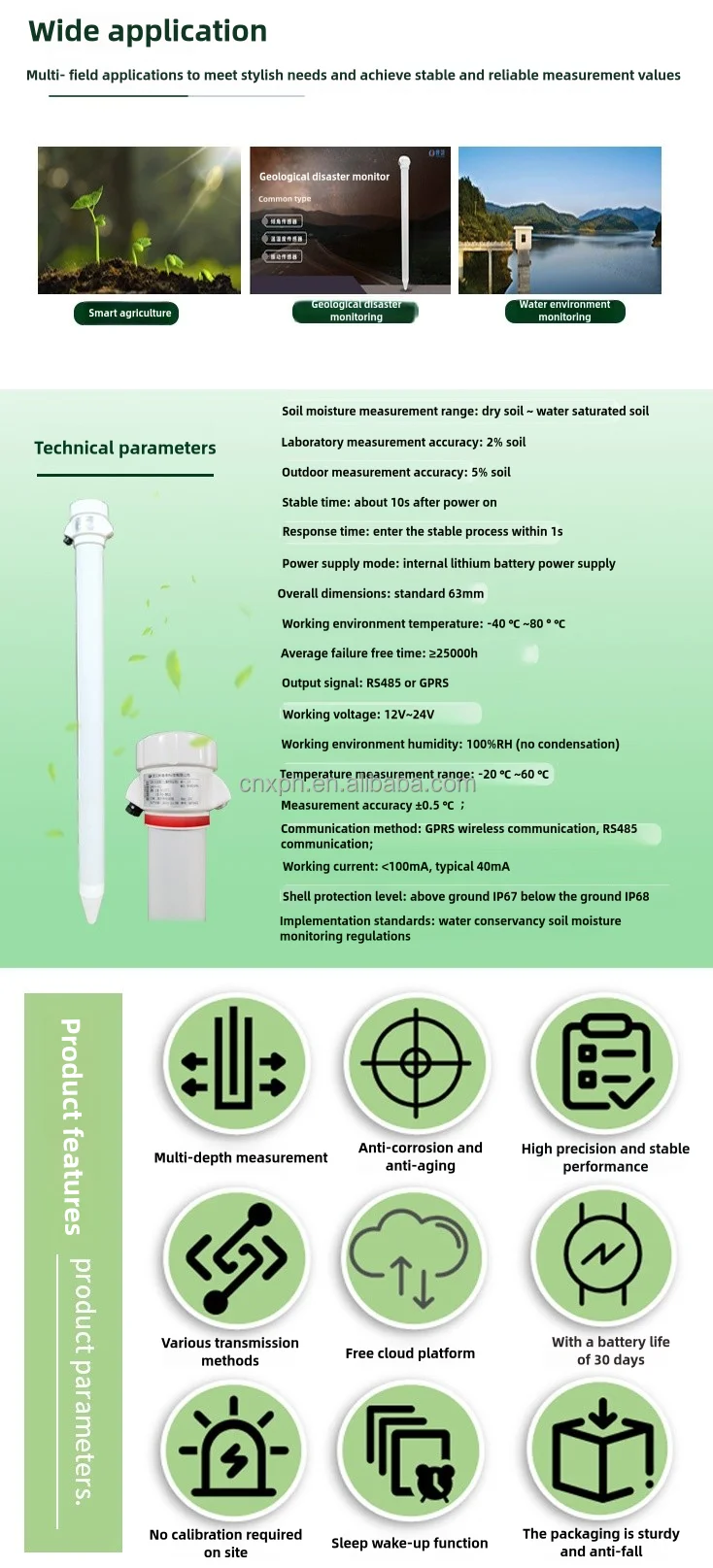 XPH Integrated Soil Temperature Humidity Moisture Sensor TDR Tubular Pipe Detector Soil Moisture Meter