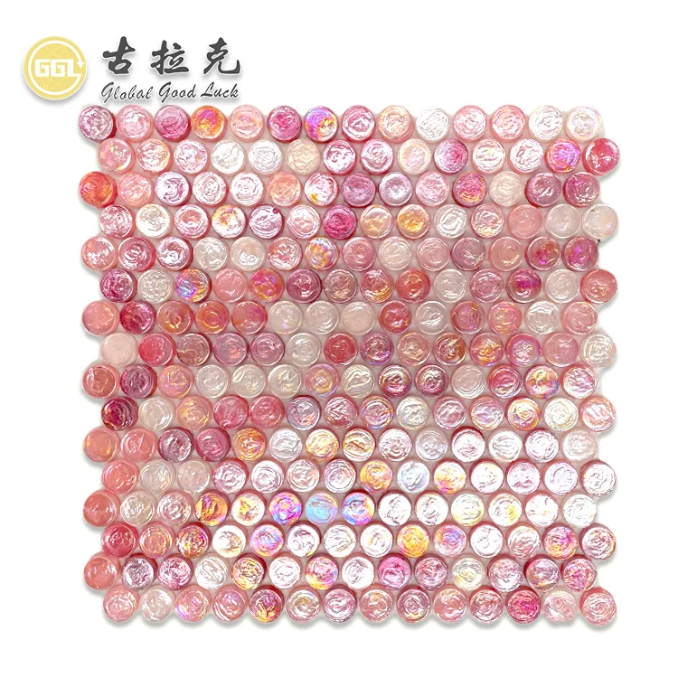 New Round Iridescent Glossy Crystal Glass Tile Pink Color Glass Mosaic Tile Building Material for Wall Pool Decor details